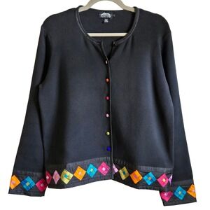 Icelandic Design Black Cardigan Sweater Colorful Silk Patchwork Diamond‎ Trim L